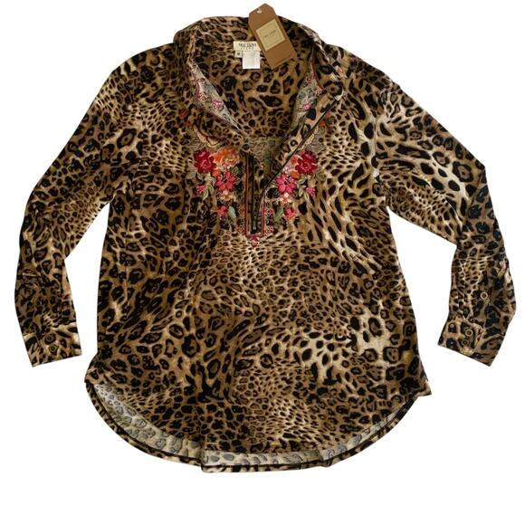 Tru Luxe Jeans Womens Size M Leopard Floral 1/2 Zip Embroidered Tunic Top Blouse - Picture 4 of 16